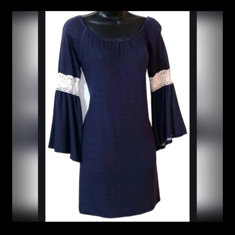 Dice Navy Crochet-Trim Bell Sleeve Mini Dress - Picture 3 of 9